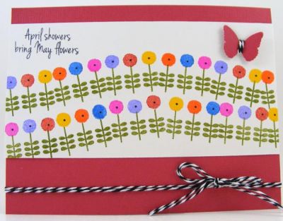 April Showers/May Flowers Card
Fun card using Stephanie Barnard Clearsnap inks and moremums2love clear stamp set.  The baker's twine is from The Twinery.
Keywords: moremums2love