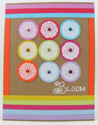 Bloom Card
I used the small mum stamp and heat embossed with white embossing powder on colored cardstocks.  :)
Keywords: moremums2love