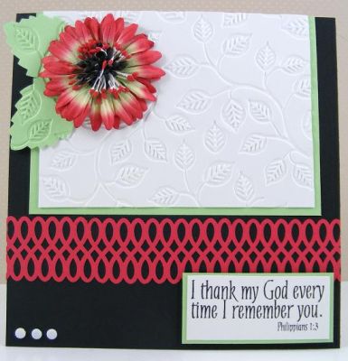 Remembering Card
Card features the SOL clear stamp set called praise4Him.  The embossing folder is by Sizzix.  The border punch is by Martha Stewart and the flower is by Prima Marketing.
Keywords: praise4Him