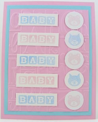 Baby, Baby Card
onesie4baby clear stamps used to create this card....The embossing folder is by Sizzix.
Keywords: onesie4baby