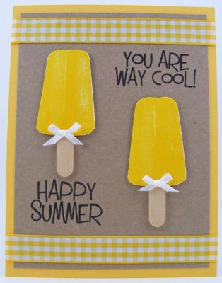 Summer Popsicle Card
I used Stephanie Barnard's Clearsnap banana ink pad on glossy white cardstock to create these bright yellow popsicles.  This is a quite and easy card.
Keywords: patterns4pops