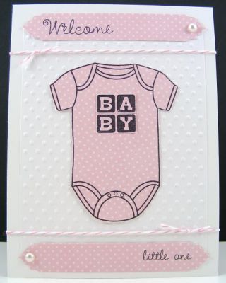 Welcome Little One Card
I mixed sweet4babies with onesie4baby on this one.  The embossing folder and diecuts are by Sizzix.
Keywords: onesie4baby