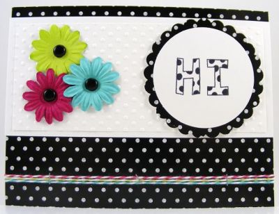 Hi Card
Card features letters2color clear stamp set.  The embossing folder is by Sizzix.  The baker's twine is by The Twinery.
Keywords: letters2color