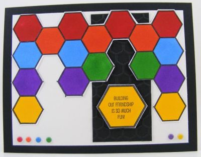 ** Fun Friendship Card**
I cut up the background 4 bees to create this hexagon shape.  I also used hexagons2love for the sentiment.  I used Copic markers to color the hexagons.

The embossing folder is by Sizzix (Textured Impressions honeycomb #657846).
Keywords: background4bees