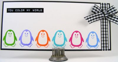 You Color My World Card
Quick and easy card using colored ink pads with the morepenguins2love clear stamp set.  Add label tape sentiment and gingham ribon for fun accents.  Easy peasy.  :)
Keywords: more