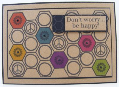 **Be Happy Card**
Sets used: background4bees, hexagons2love (small flower), minis4circles (circle frame), and pray4peace (small peace symbol).

I also used a Sizzix Textured Impression (Honeycomb #657846).
Keywords: background4bees