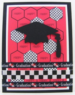 **Happy Graduation Card**
Sets used: background4bees and minis4circles (the word "happy") plus with hexagons2love
Sizzix eClips used for the graduation hat die (#656169 School and Sports design cartridge).
Keywords: background4bees