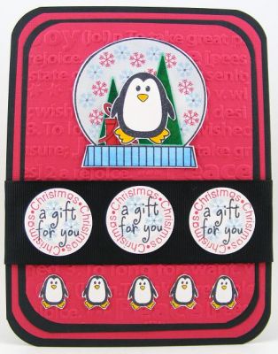 Penguin Snowglobe Card
SOL Stamps Used -- morepenguins2love, Joy2Christmas and penguins4Christmas (gift)
Embossing Folder -- Sizzix
Keywords: morepenguins2love