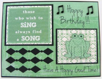 Hoppy Birthday Card
froggy2love clear stamp set
ink pad by Clearsnap Colorbox Dye by Stephanie Barnard (in Licorice)
patterned papers, cardstock sticker by Little Yellow Bicycle
diamond borders cut by Sizzix eClips
music brads by Hot Off The Press
Keywords: froggy2love