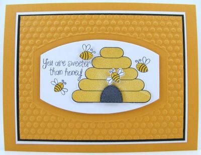 **Sweeter Than Honey Card**
Fun card using hive4bees along with Sizzix Framelits (#658204) and Sizzix Embossing Folder (#658215) by Stephanie Barnard.
Keywords: hive4bees