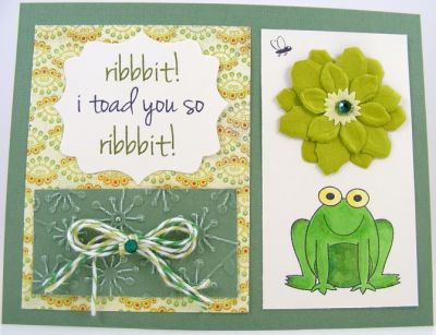 Toad You So Card
Quick fun card using froggy2love clear stamp set.  The embossing folder is by Sizzix and the patterned paper is by Basic Grey.  The flower is by Prima Marketing.  Baker's twine is from The Twinery.  The fancy label shape was cut with a Sizzix Framelit.  I colored the frog with Copic markers.
Keywords: froggy2love
