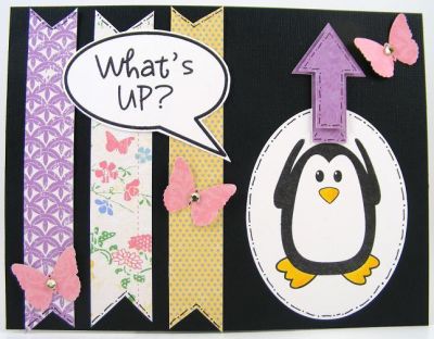 What's Up? Card
Quick fun card using the morepenguins2love with some patterned papers (and jewels) by Little Yellow Bicycle plus Sizzix Oval Framelit and Sizzix eClips diecut arrow (Basic Shapes cartridge used).  The butterfly was done with a Martha Stewart punch.  Copic marker used to color nose and feet of penguin.

SOL Stamps Used -- morepenguins2love and talk2me (word bubble)
Keywords: morepenguins2love