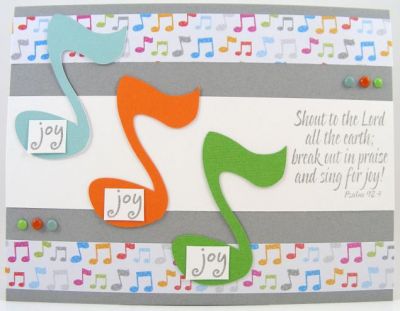 "Joy" Card
This card features the Christmas4Him clear stamp set.  The "joy" word is from penguins4Christmas.  The music note die cuts were done with the Sizzix eClips.
Keywords: Christmas4Him