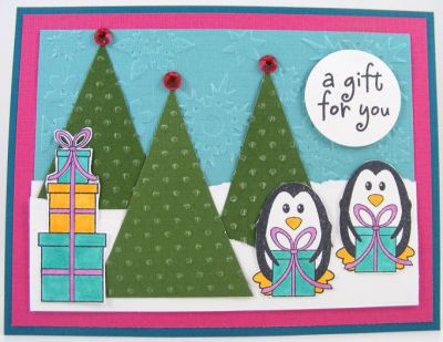 Gift Penguins Card
penguins4Christmas clear stamp set plus embossing folder by Sizzix 
Keywords: penguins4Christmas