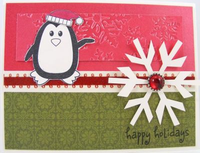 Happy Holidays Penguin Card
Card uses the penguins4Christmas clear stamp set.  The diecut snowflake was done with the Sizzix eClips.  The embossing folder is by Sizzix too.
Keywords: penguins4Christmas