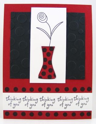 Thinking Of You Card
Quick card using the flowers2share clear stamp set by The {Stamps} Life.  I LOVE this set.  I stamped the plain vase on red cardstock using a black ink pad.  Then I used a black marker and made the vase polka dotted.  :)
Keywords: SOL flowers2share
