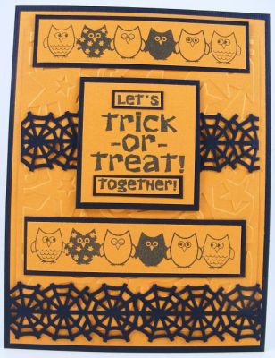 Let's Trick Or Treat Together Card
I used moreowls2love and solids4Halloween to create this card.  :)
Keywords: moreowls2love and solids4Halloween