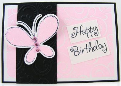 *All Pink Birthday Butterfly Card*
I heat embossed the swirls4background with pink embossing powder to create the bacground for this card.  The stamps are from Stephanie Barnard's Sizzix set (#657578).
Keywords: swirls4background