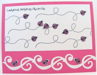 *Ladybug, Ladybug Card*
Lots of ladybugs on this easy card.  The diecut border at bottom is by Sizzix (#658954 Borders).
Keywords: moreladybugs2love
