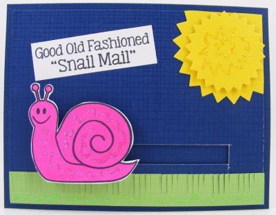 ***Slider Snail Mail Card***
Easy "slider" card (use a penny)...snail moves across card.  :)
Keywords: snails2mail