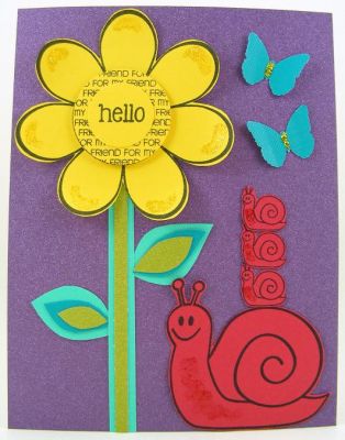 ***Stacked Snails "Hello" Card***
Quick and easy card with glittered cardstock for base.  I stacked three little snail images so they could "ride" on the big snail.  :)
Keywords: snails2mail