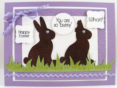**You Are So Bunny Card**
I heat embossed the bunnies with "Truffles" embossing powder by Clearsnap.  Makes
them look like "real" chocolate bunnies.  :)
Keywords: chocolatebunny2stamp