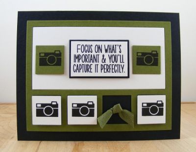 **Focus Card**
Along with the grid die set, I used camera2stamp, artichoke, white and black cardstocks, and artichoke seam binding on this quick and easy card.
Keywords: Grid Die Set