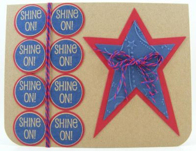 **Shine On Card**
Die and embossing folder are by Sizzix.  Red and navy baker's twine is by Jillibean Soup.  I love how these circles stamped on the kraft cardstock.  :)
Keywords: circles4awards