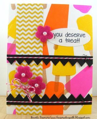 **You Deserve A Treat Card**
I made this card several flavors!  :)  Used Stephanie's Guava, Banana and Tangerine inks for the popsicles.  The patterned paper, flowers and twine are by Stamps of Life too.
Keywords: pops2eat and patterns4pops
