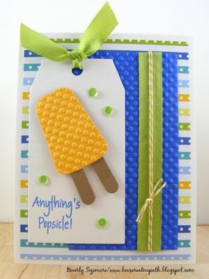 **Anything Popsicle Card**
Take some pretty ribbon, patterned paper, popsicle stamps with matching dies and a polka dot embossing folder and what do you get?  You get a fast and easy card!  :)

The ribbon, patterned paper, stamps and die are all by The Stamps of Life.
The embossing folder is by Sizzix.
Keywords: Popsicle Dies, pops2eat
