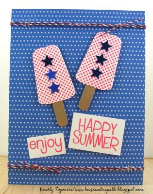 **Happy Summer Card**
It summertime so hooray for the red, white and blue!  Quick and easy card using the new popsicle dies.  
Keywords: pops2eat and patterns4pops