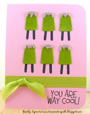 **You Are Way Cool Card**
Got to use the new popsicle dies on this card.  The popsicles were heat embossed which makes them look almost "real."  :)  The "sprinkles" at the top are microbeads.
The pretty pink cardstock (candy is the color in the store) and ribbon are by The Stamps of Life too.
Keywords: Popsicle Dies, pops2eat