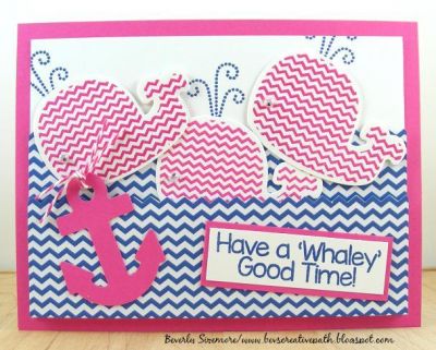 **Whaley Good Time Card**
Stamps -- patterns4whales
Ink Pads -- Clearsnap (Stephanie's Blueberry and Guava)
Die -- Stamps of Life (whale)
Patterned Paper -- Stamps of Life
Anchor Punch -- EK Success
Misc. -- Pink and White Baker's Twine
Keywords: patterns4whales