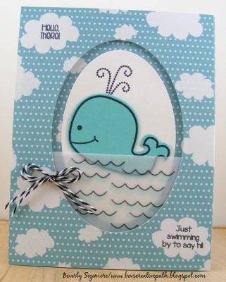 **Just Swimming By Card**
Stamps -- whale2stamp and patterns4whales
Die -- Stamps of Life (whale)
Ink Pad -- Clearsnap (Stephanie's Licorice)
Patterned Paper -- Stamps of Life
Twine -- Stamps of Life

***I stamped waves on white vellum and colored them from behind so my whale
would be swimming partly under "water."  ;)
Keywords: whale2stamp and patterns4whales