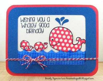 **Whaley Good Birthday Card**
Stamp Set -- patterns4whales
Dies (Whale & Water Drops) -- Stamps of Life
Ink Pads -- Clearsnap (Stephanie's Strawberry and Licorice)
Cardstock -- Stamps of Life (Blueberry and Strawberry)

***I used a white vellum for the "water."  Colored it blue (from behind) and then added some Mod Podge glitter to it for added sparkle.***
Keywords: patterns4whales