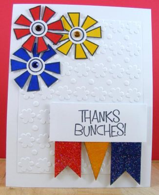 Thanks Bunches Card
Stamped and colored these daisy images plus used one of Stephanie's embossing folders by Sizzix (658846).  The banners at bottom are wooden ones (by Jillibean Soup) which I colored with markers and coated with sparkle Mod Podge.
Keywords: crazy4daisies