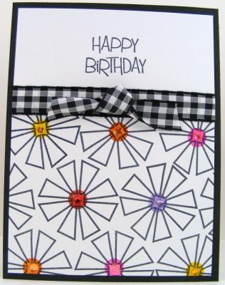 Crazy Daisies Birthday Card
Fasy and easy card....just stamp the daisies with black ink and then use
colored inks to do the centers.  :)  Use small matching rhinestones on the tops of the stamped centers and some gingham ribbon....easy peasy.
Keywords: crazy4daisies