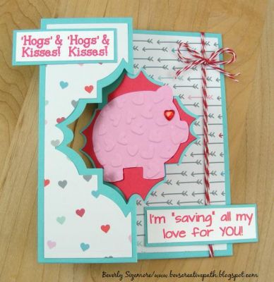 **Hogs and Kisses Card**
Along with morepiggybank2stamps I used the
Sizzix Charming Frame Flip-its Die.  The patterned papers and matching pig die are by Stamps of
Life too.  :)
Keywords: piggybank2stamp and more piggybank2stamp