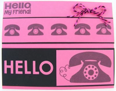 Hello My Friend Card
Quick and easy card using phone4you clear stamp set.  Fun tip on the baker's twine....I sponged it with ink to change the white to pink (was a black and white baker's twine).  :)
Keywords: phone4you