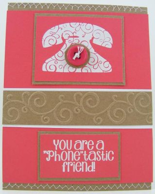 *Phonetastic Friend Card*
Embossing folder "border" is by Sizzix.  Designs were stamped and heat embossed with white powder on this one.
Keywords: phones2decorate