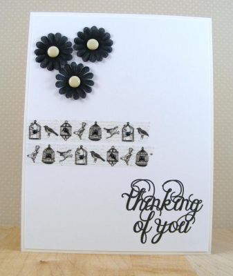 ***Thinking of You Card***
I used a color combo of white and ivory with black for this one with washi tape.
Easy peasy.  :) The formalwords2stamps dresses up even the simplest card.  :)
Keywords: formalwords2stamps