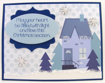 **Filled With Light Christmas Card**
This is a quick and easy card using a sentiment from lights4Christams with some DCWV patterned cardstock.  After stamping your sentiment and using a Sizzix Framelit oval die, add some pearl snowflakes and Flower Soft....and that's it's!  Perfect for the busy holiday season.  :)
Keywords: lights4Christmas