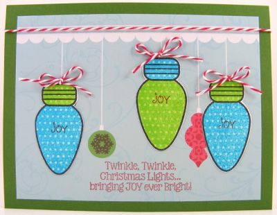 **Twinkle, Twinkle Christmas Card**
Quick card using patterned paper (DCWV) and baker's twine along with lights4Christmas.  :)
Keywords: lights4Christmas