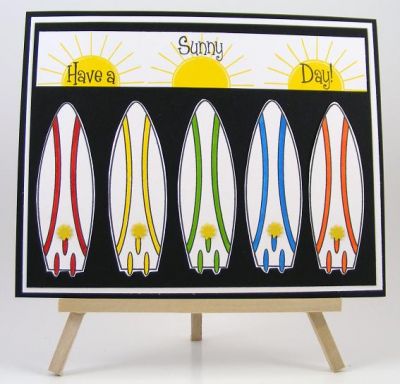 Have A Sunny Day Card
All the stamps on this card are from the new July release called summer4fun set.  I used a small sun brad on each stamped surfboard.  :)  The stamped suns at the top of the card were "colored" in using the large solid circle stamp in Back2Basics.
Keywords: The {Stamps} Of Life July Release/summer4fun