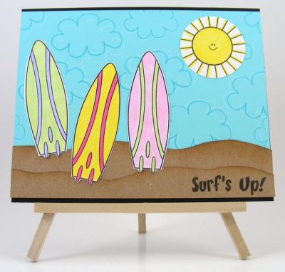 Surf's Up! Card
Card features the new July clear stamp set called "summer4fun."  It also uses one of the cloud stamps in the "kites2fly" set.  The sun has a little happy face stamp and it is from the "banners4all" set.
Keywords: The {Stamps} Of Life July Release/summer4fun