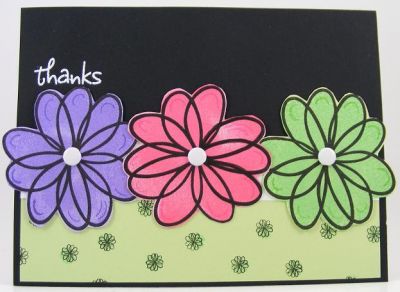 Thanks Card
Card features the SOL clear stamp set called "flower2doodle."  Fun, fun, fun set!  :)

I heat embossed the "thanks" with white embossing powder to make it stand out on the black cardstock.
Keywords: flower2doodle SOL