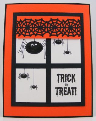 Window Spiders Card
This card features the spooky2scare clear stamp set.  Stamp some spiders on a white rectangle and cover with 2 thin black strips of cardstock to create a "window."  I used foam tape on the bottom portion of the spiderweb valence to give dimension.  The web design is from the Martha Stewart double edge spiderweb punch.
Keywords: The {Stamps} Of Life/spooky2scare