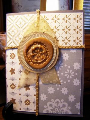 SketchChallenge
I got my clear stamps yesterday and used Beate Johns weekend sketch challenge to break them in. The paper is from last year Martha Stewart Golden Woodland. I had some wax seals lying around so I versamarked the stamps and impressed the image into the hot wax. FUN!!!
Keywords: Joy2Christmas