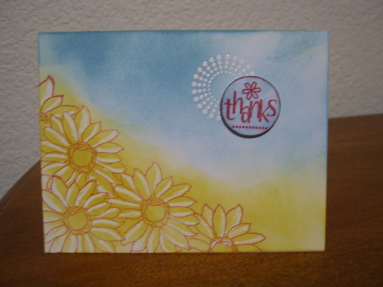 Thanks
Love the simplicity of the little thanks stamp.  Background is stamped and crayon resist with distress inks.
