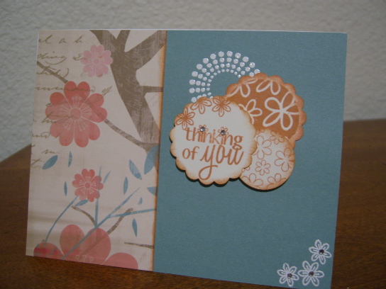 Thinking of You
I finally got the punches, didn't want to be cutting circles.  1.5" scallop works perfect for the title and for a mat for the 1 1/8" and of course the 1" for the little guy.  Dots and little bouquet are heat embossed.
